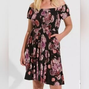 Torrid Off-Shoulder Black Floral Dress with Pink Blooms Size 1